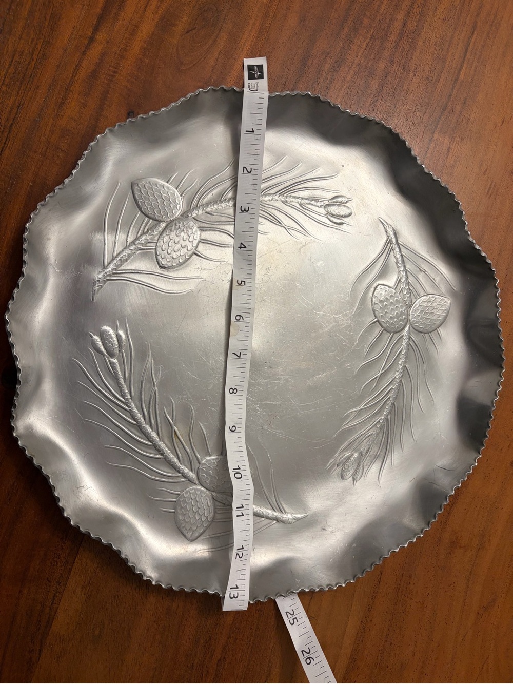 Vintage hammered aluminium serving tray raised pine cone and branch motif